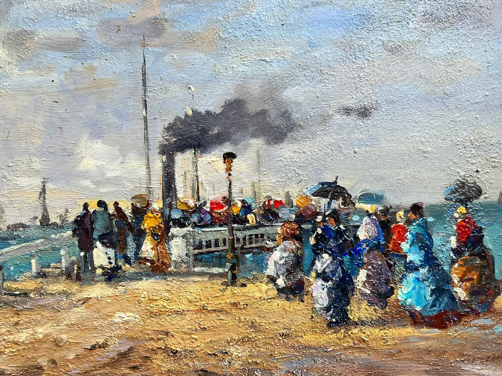 French Impressionist Oil Painting Busy Beach Scene with Figures Boarding Ferry For Sale 1