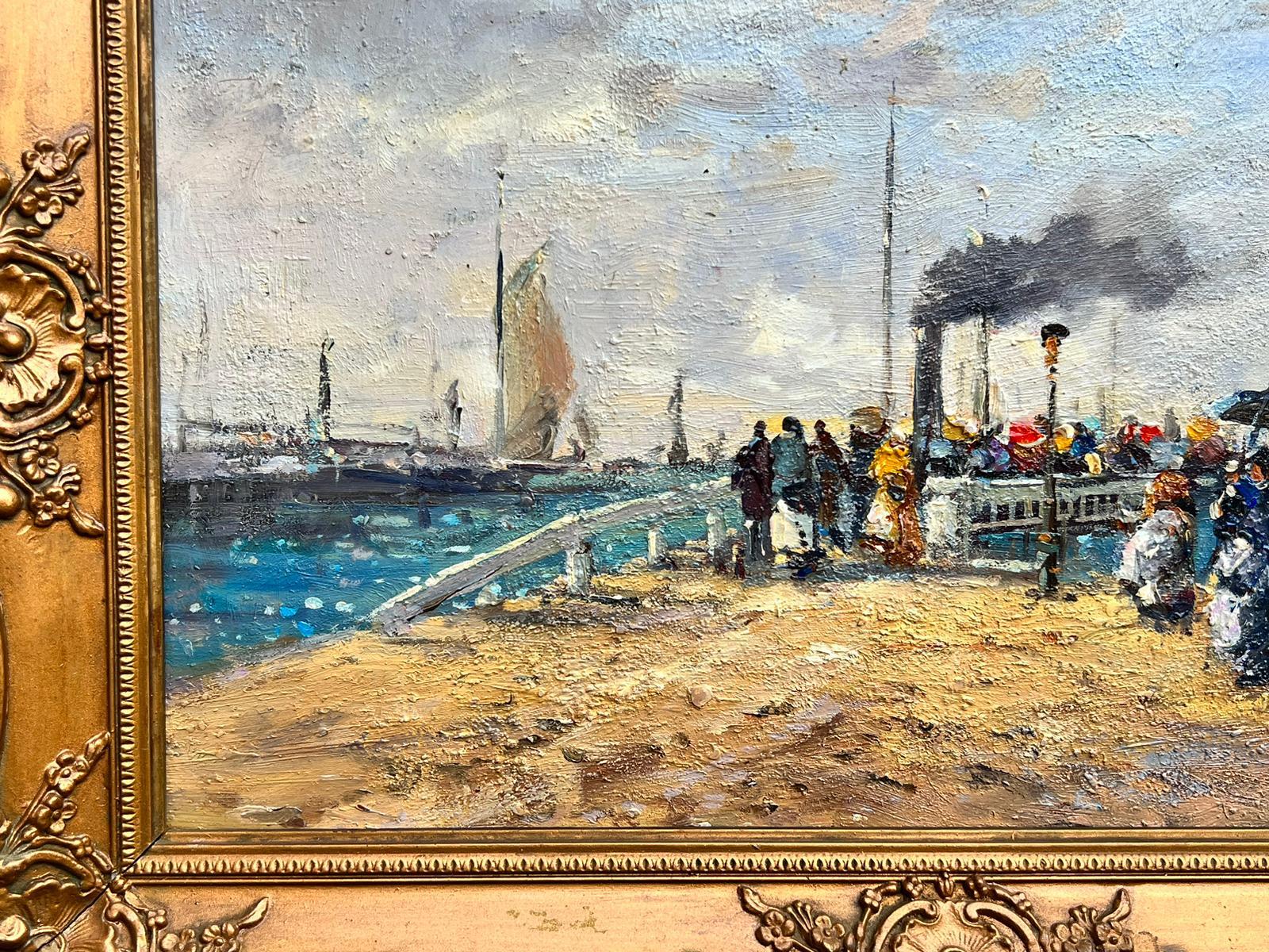 French Impressionist Oil Painting Busy Beach Scene with Figures Boarding Ferry For Sale 2