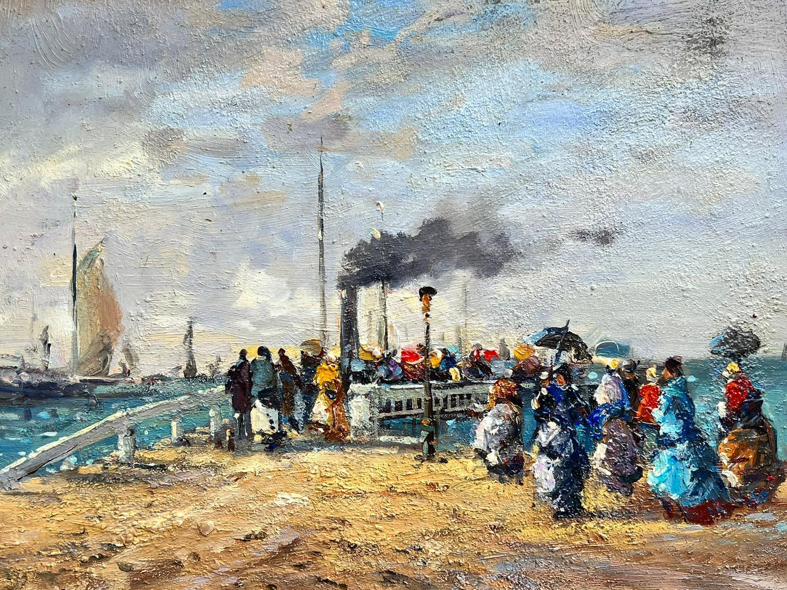 French Impressionist Oil Painting Busy Beach Scene with Figures Boarding Ferry For Sale 3