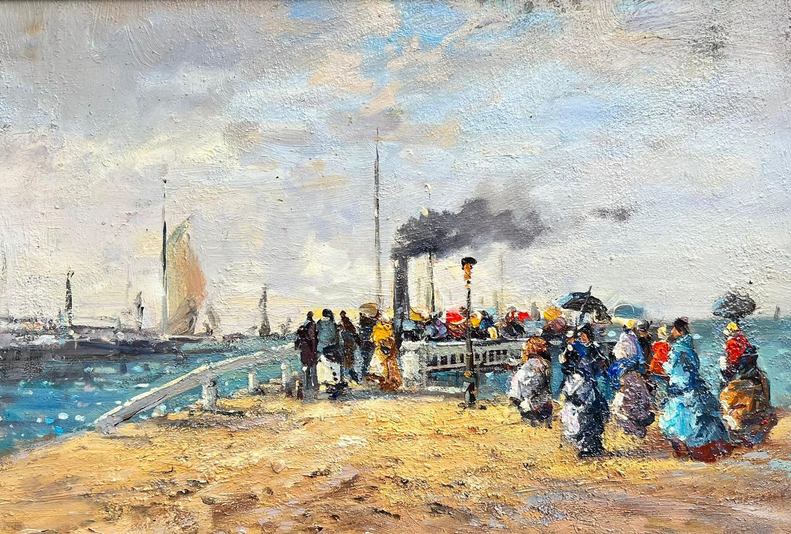 French School Figurative Painting - French Impressionist Oil Painting Busy Beach Scene with Figures Boarding Ferry