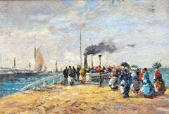 Peinture à l'huile impressionniste française - Scène de plage animée avec des personnages chevauchant une ferry