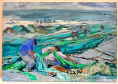 French Modernist Contemporary Oil Painting Fishermen tending nets on Beach