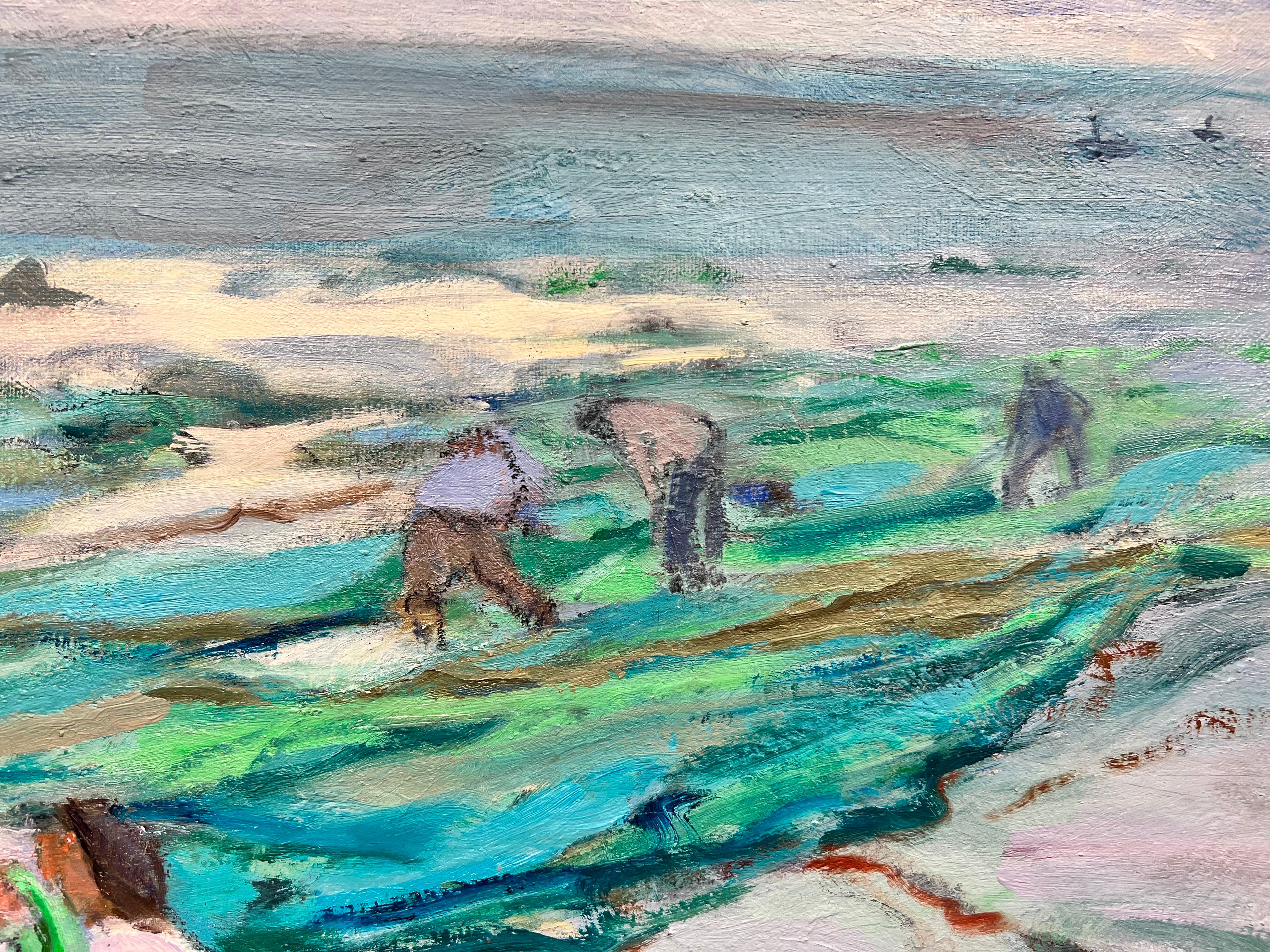 French Modernist Contemporary Oil Painting Fishermen tending nets on Beach For Sale 2