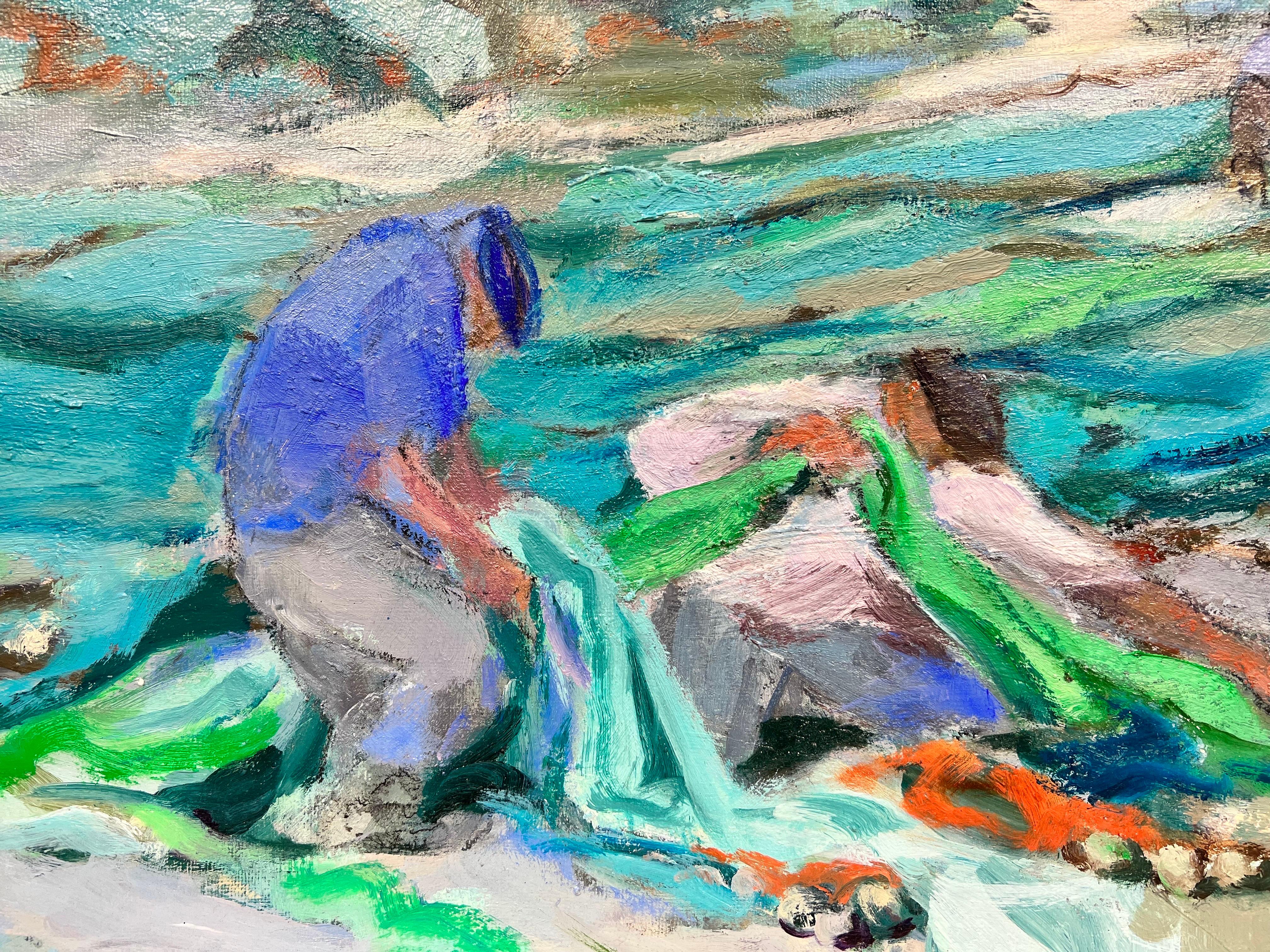 French Modernist Contemporary Oil Painting Fishermen tending nets on Beach For Sale 4
