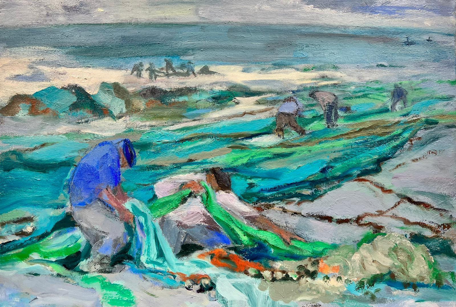 French School Landscape Painting - French Modernist Contemporary Oil Painting Fishermen tending nets on Beach