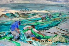 French Modernist Contemporary Oil Painting Fishermen tending nets on Beach