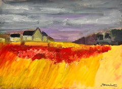 French Modernist Signed Oil Painting Yellow Fields House in Landscape
