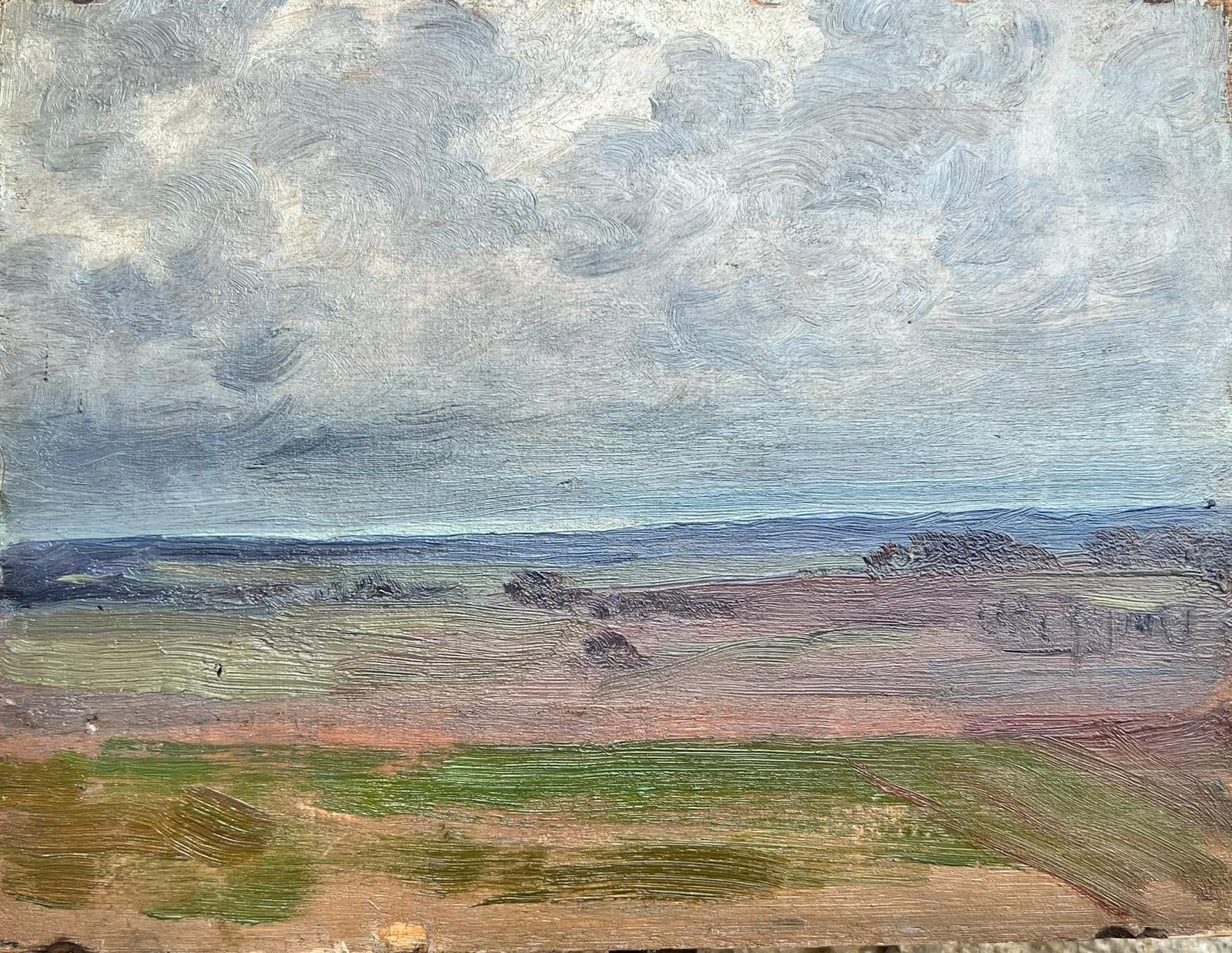 Landscape Painting de French School - Paisaje al óleo francés de campos ondulados bajo un cielo nublado