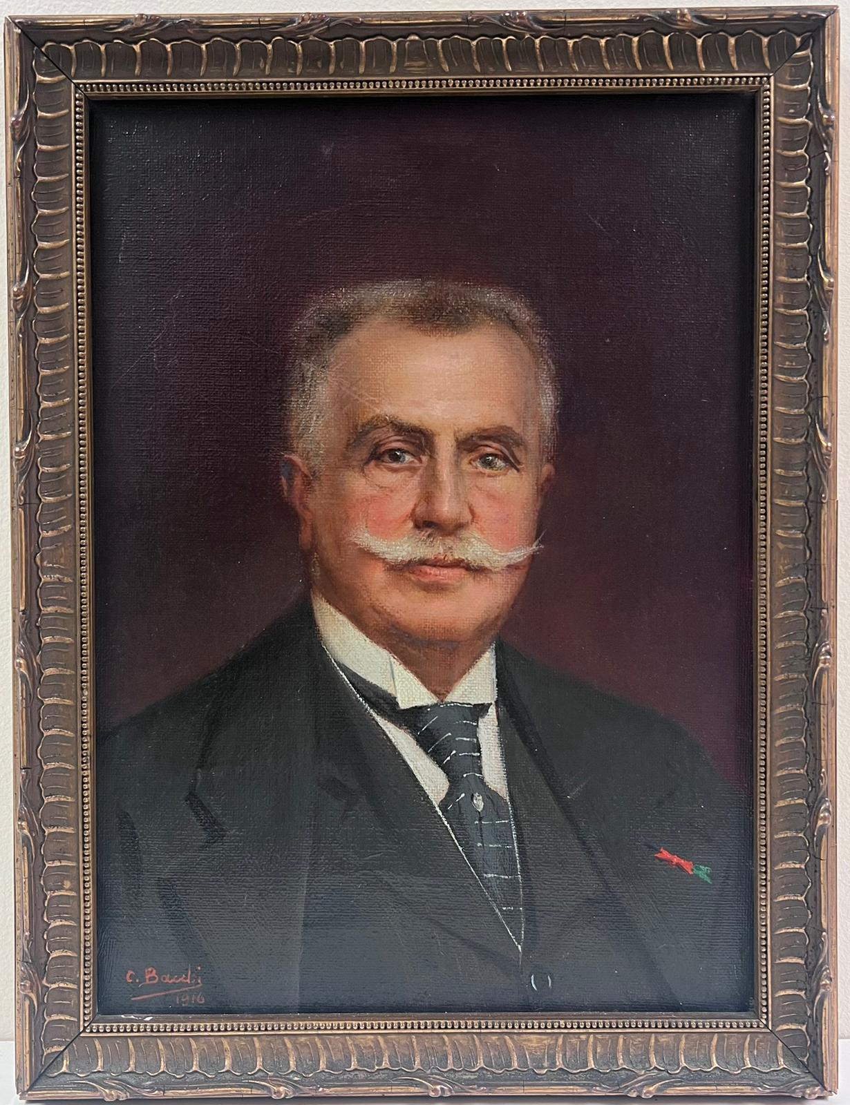 French Oil Portrait of a Gentleman with Moustache Signed & Dated 1916 - Painting by French School