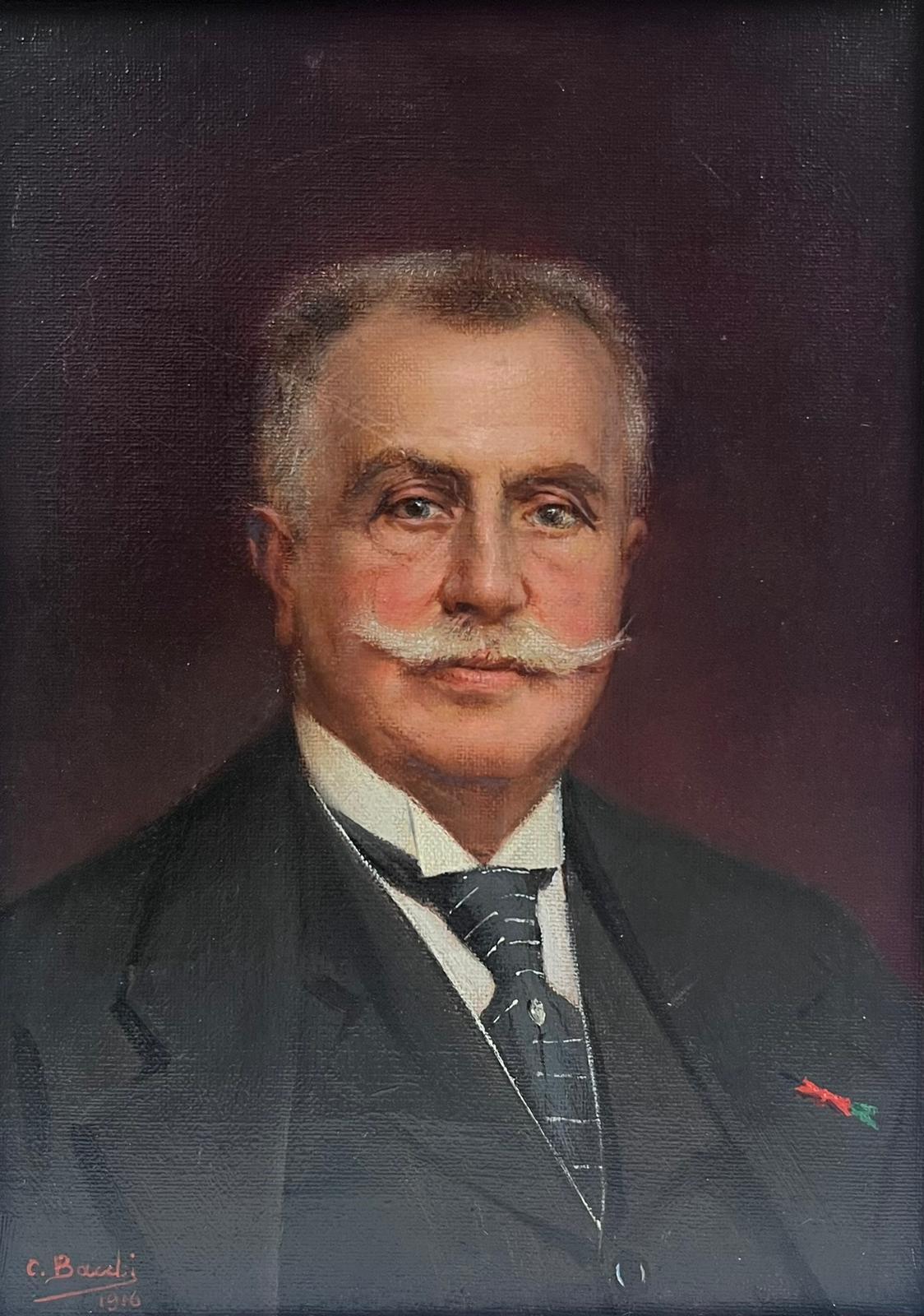 French School Portrait Painting - French Oil Portrait of a Gentleman with Moustache Signed & Dated 1916