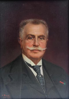 French Oil Portrait of a Gentleman with Moustache Signed & Dated 1916