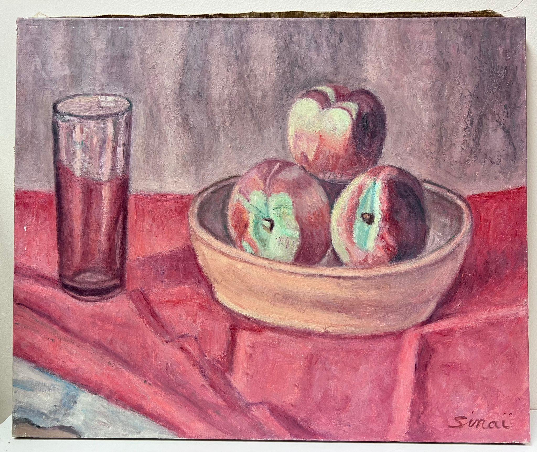 Französisches postimpressionistisches Öl-Stillleben, rote interiore Äpfel in Obstschale, Französisch – Painting von French School