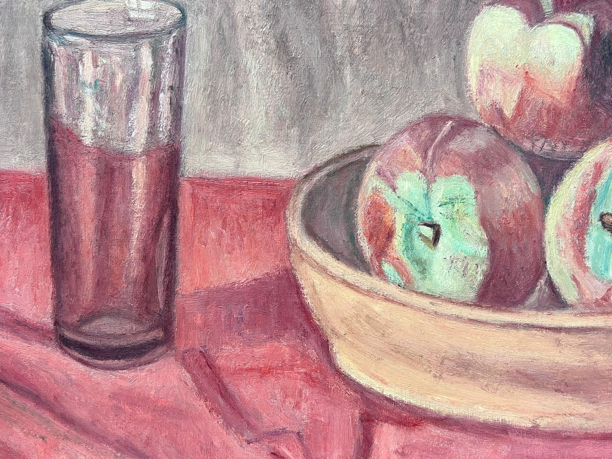French Post-Impressionist Oil Still Life Red Interior Apples In Fruit Bowl For Sale 1