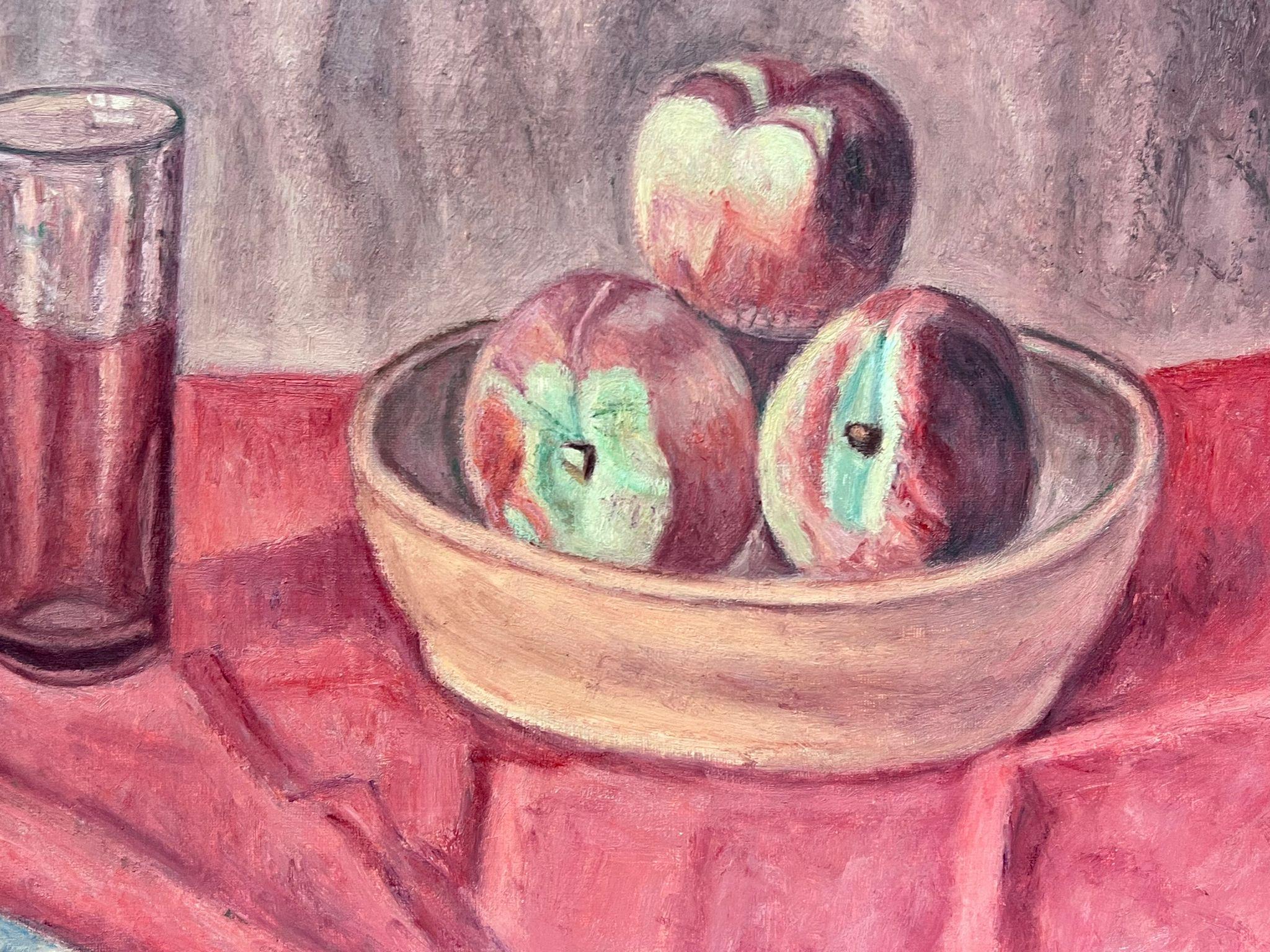 French School Interior Painting – Französisches postimpressionistisches Öl-Stillleben, rote interiore Äpfel in Obstschale, Französisch