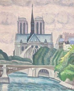 French Post-Impressionist Signed Notre Dame Parisian Landscape River Seine