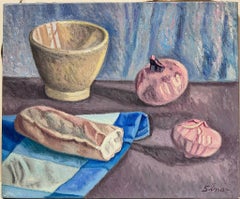 French Post-Impressionist Signed Oil Baguette and Pomegranate Still Life