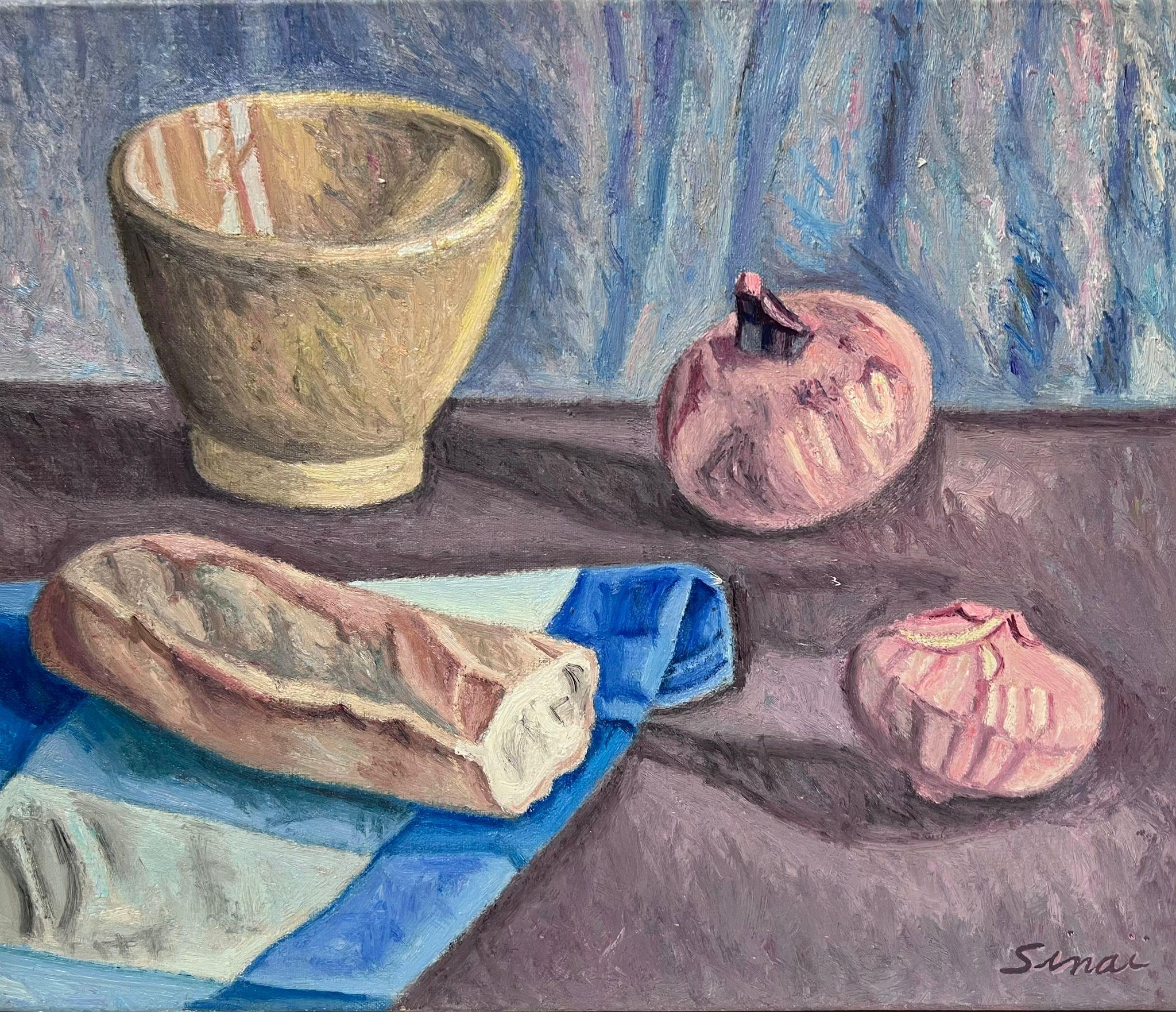 French School Interior Painting - French Post-Impressionist Signed Oil Baguette and Pomegranate Still Life