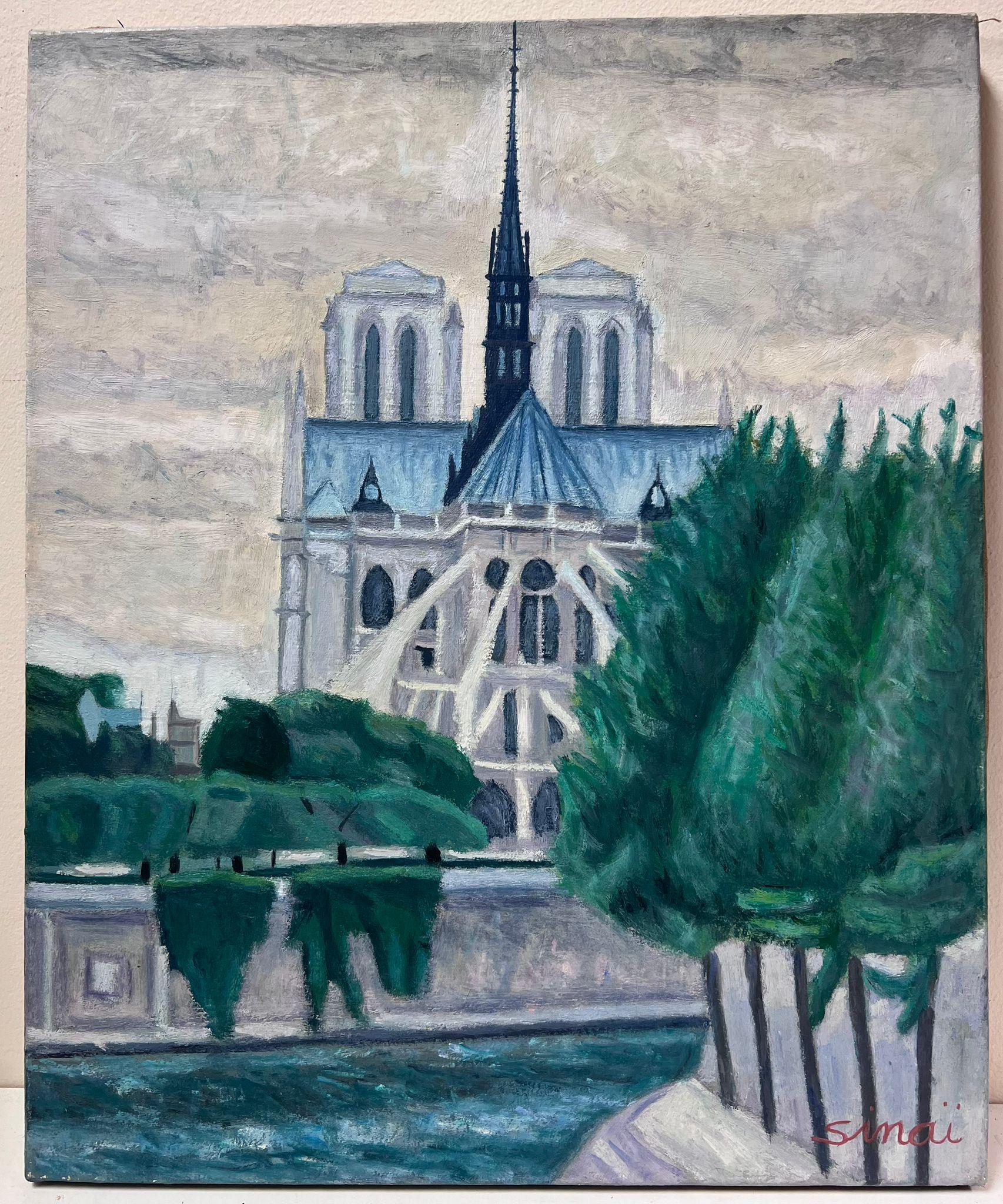 French Post-Impressionist Signed Oil Paris Notre Dame Landscape  - Painting by French School