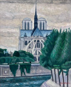 Vintage French Post-Impressionist Signed Oil Paris Notre Dame Landscape 