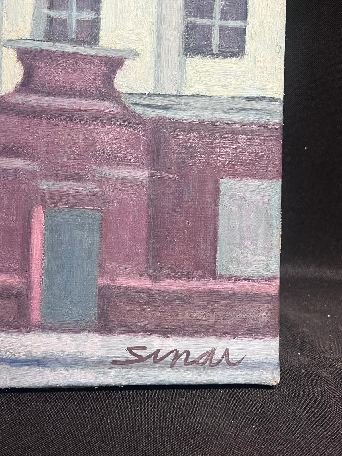French Post-Impressionist Signed Oil Purple Parisian Buildings Landscape - Gray Landscape Painting by French School