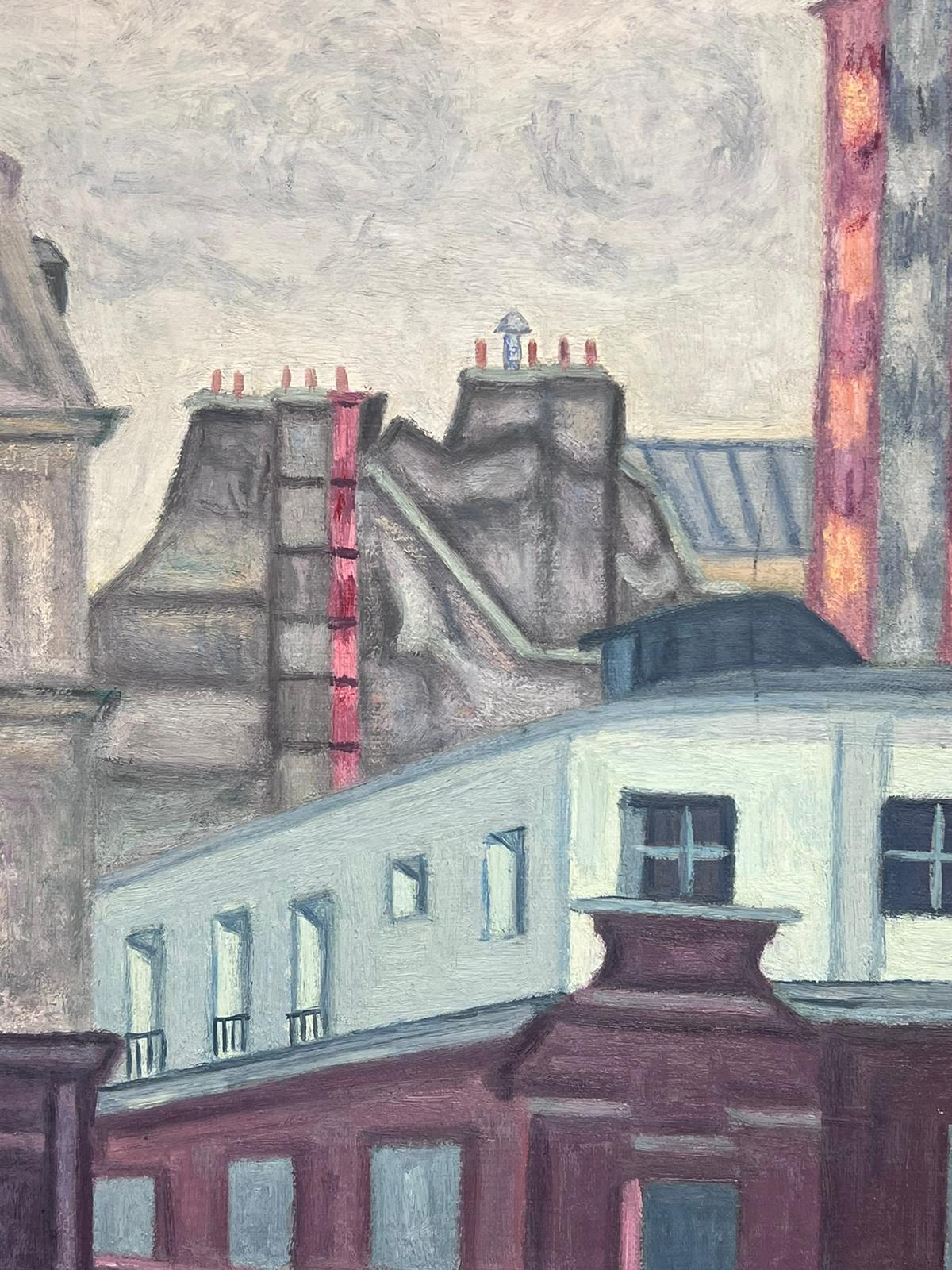 French Post-Impressionist Signed Oil Purple Parisian Buildings Landscape For Sale 2