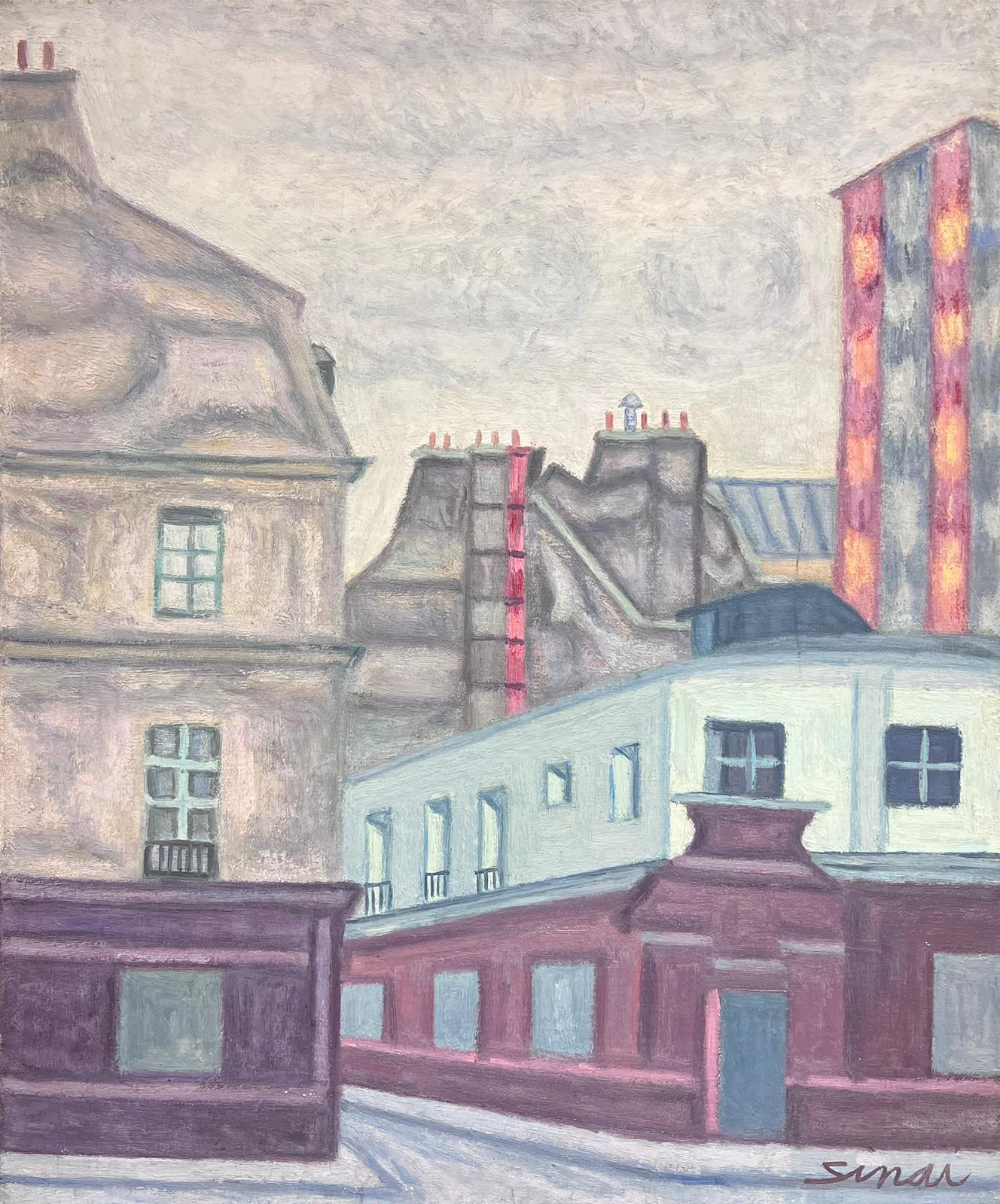 French School Landscape Painting - French Post-Impressionist Signed Oil Purple Parisian Buildings Landscape 