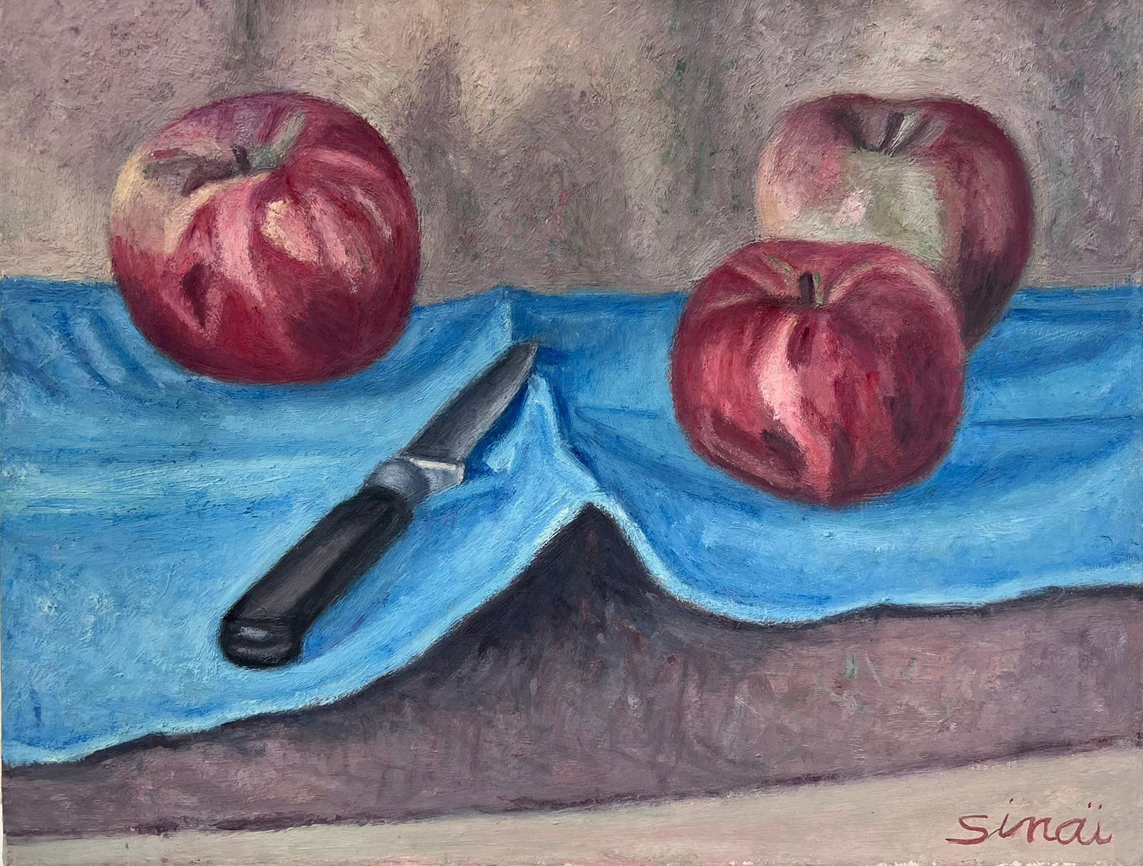 French School Still-Life Painting – Französisch Post-Impressionist signiert Öl rote Äpfel Innenraum Stillleben 