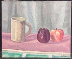 French Post-Impressionist Signed Oil Still Life Apples and Pottery