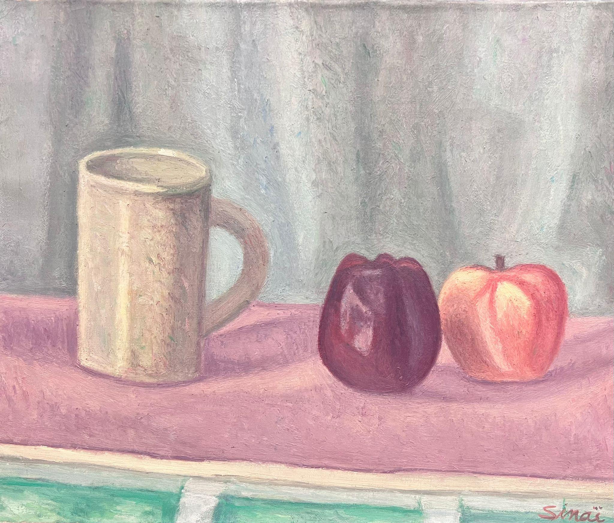 French School Interior Painting - French Post-Impressionist Signed Oil Still Life Apples and Pottery 