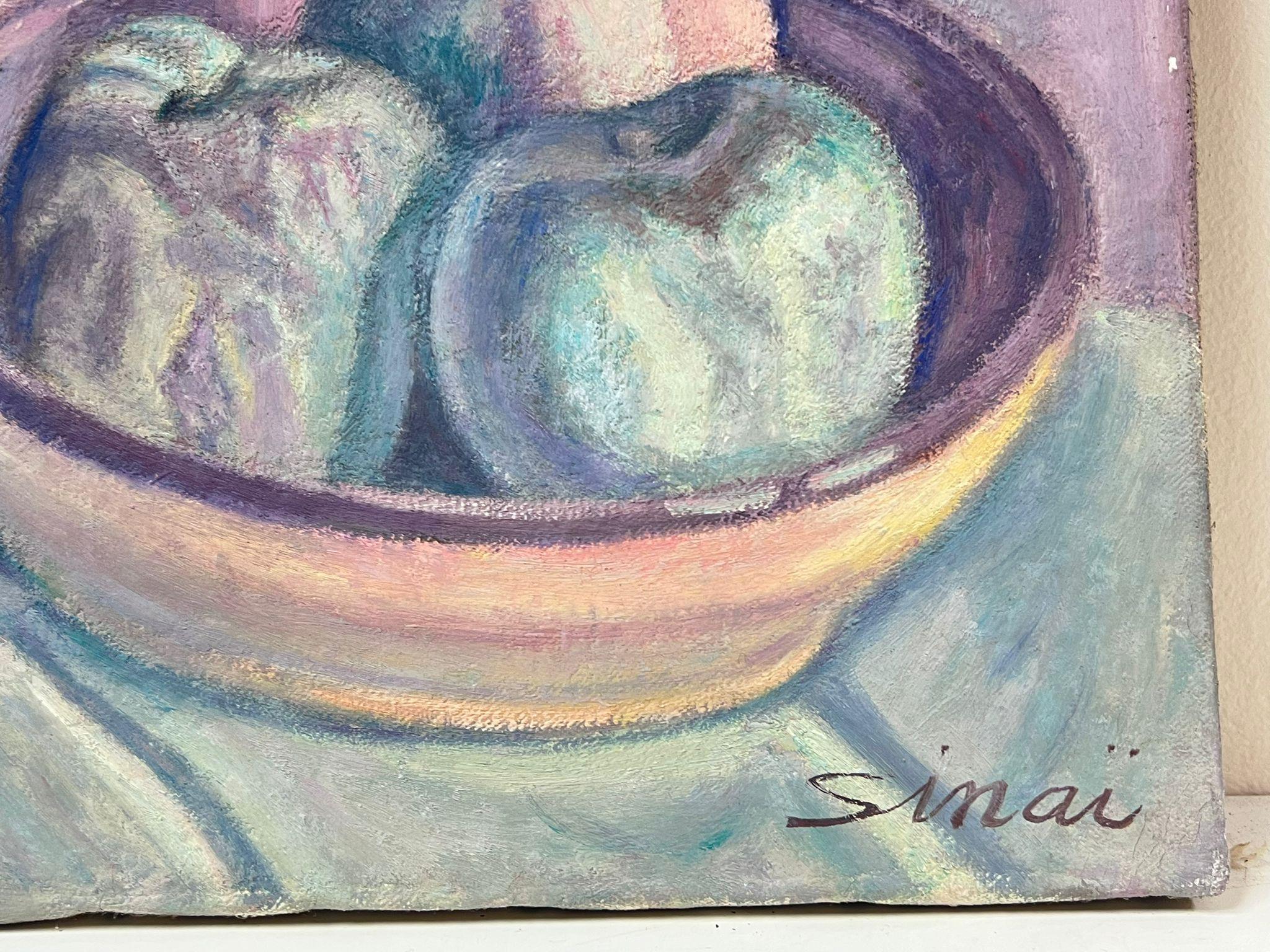 French Post-Impressionist Signed Oil Still Life Champange Bottle and Fruit Bowl - Painting by French School