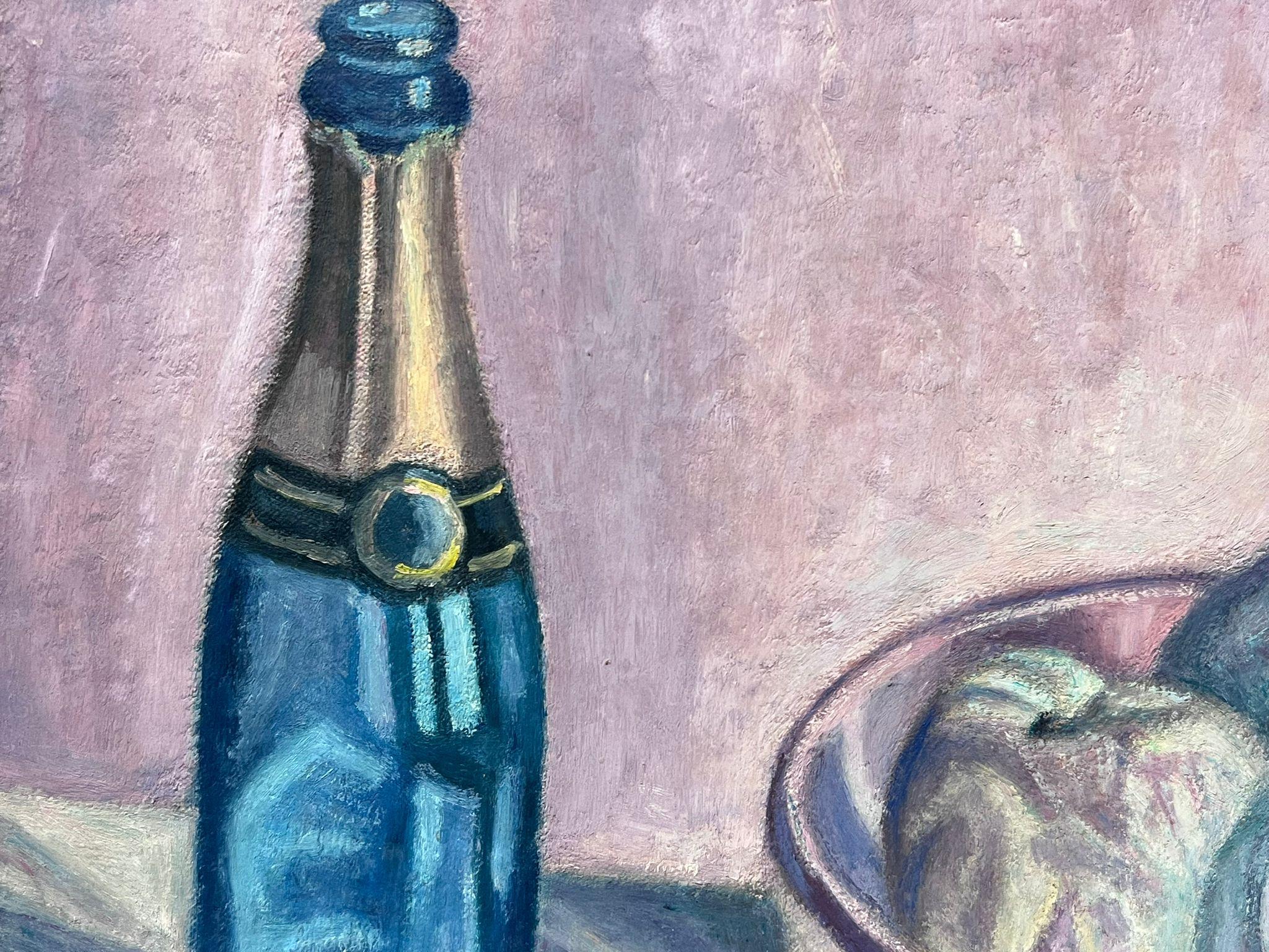 Französische postimpressionistische, signierte Champange-Flasche und Obstschale aus Öl, Stillleben, Französisch (Post-Impressionismus), Painting, von French School