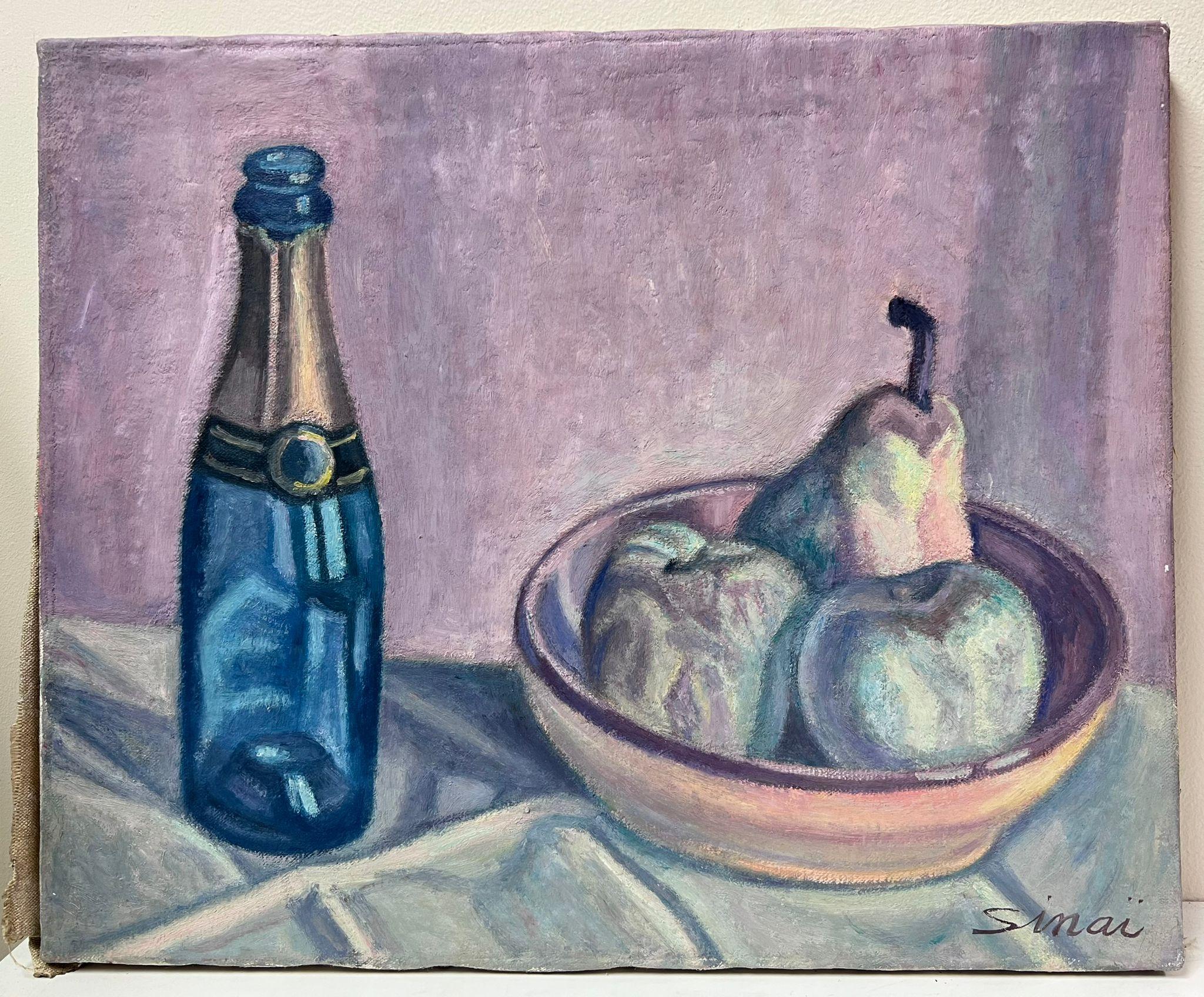 French Post-Impressionist Signed Oil Still Life Champange Bottle and Fruit Bowl For Sale 1