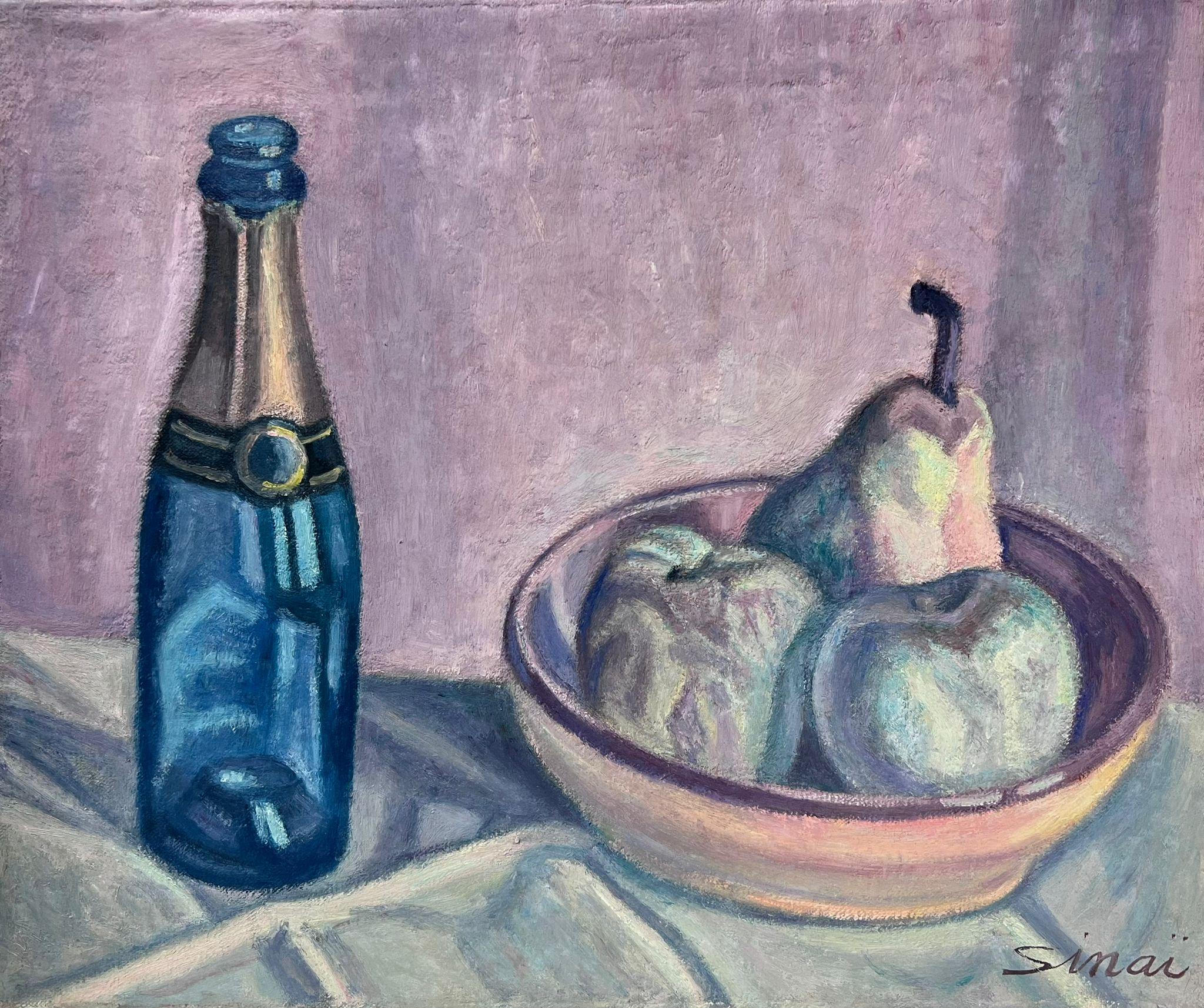 French School Still-Life Painting - French Post-Impressionist Signed Oil Still Life Champange Bottle and Fruit Bowl
