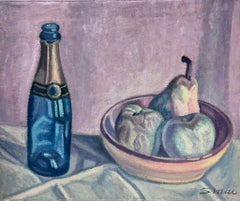 French Post-Impressionist Signed Oil Still Life Champange Bottle and Fruit Bowl