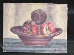 French Post-Impressionist Signed Oil Still Life Painting Apples In A Fruit Bowl