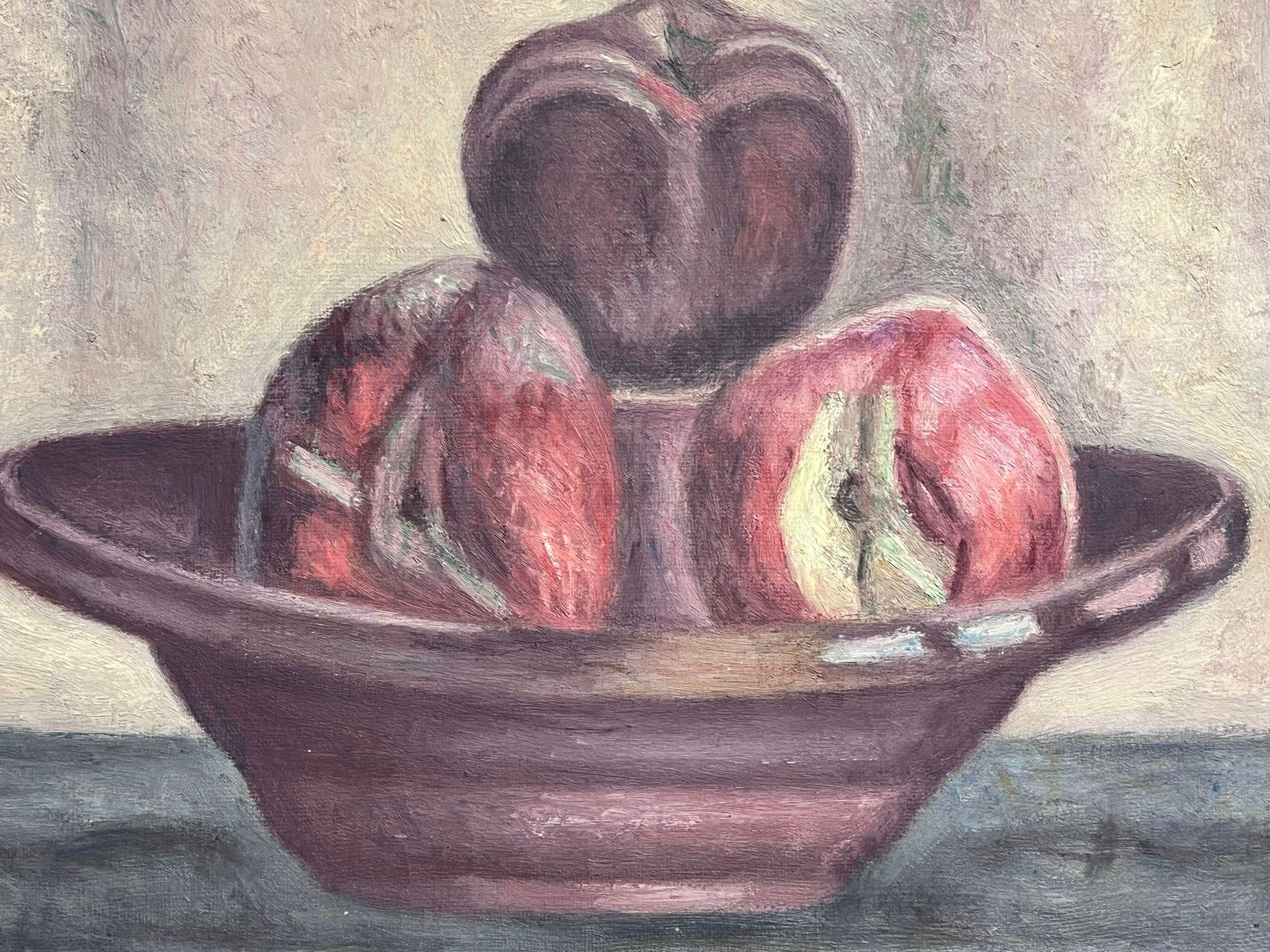 French Post-Impressionist Signed Oil Still Life Painting Apples In A Fruit Bowl For Sale 3