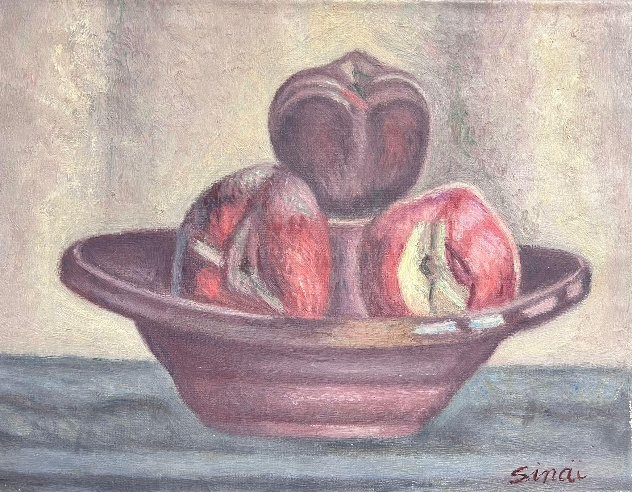 Still-Life Painting French School - Nature morte à l'huile post-impressionniste française signée Pommes dans un bol à fruits
