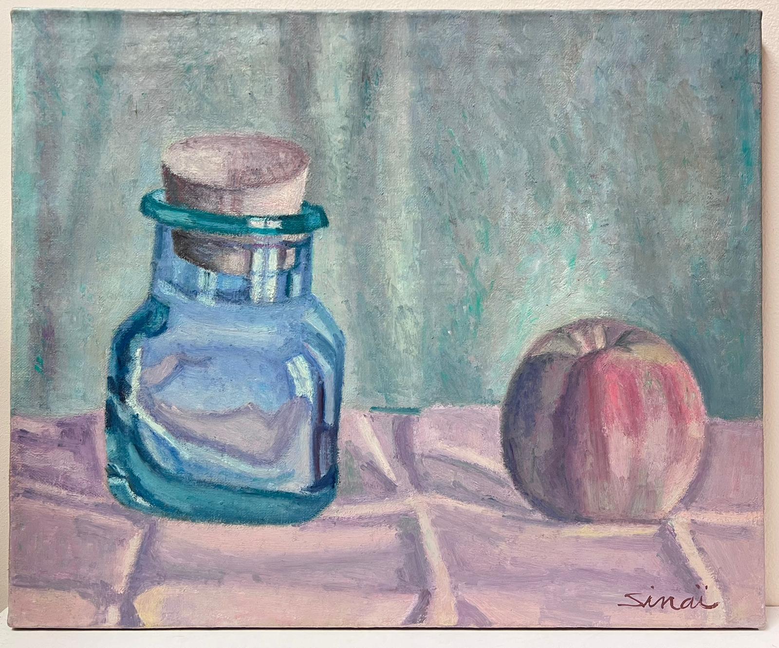 Nature morte à l'huile post-impressionniste signée, bocal en verre et pomme - Painting de French School