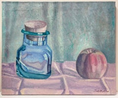 French Post-Impressionist Signed Oil Still Life Painting Glass Jar & Apple