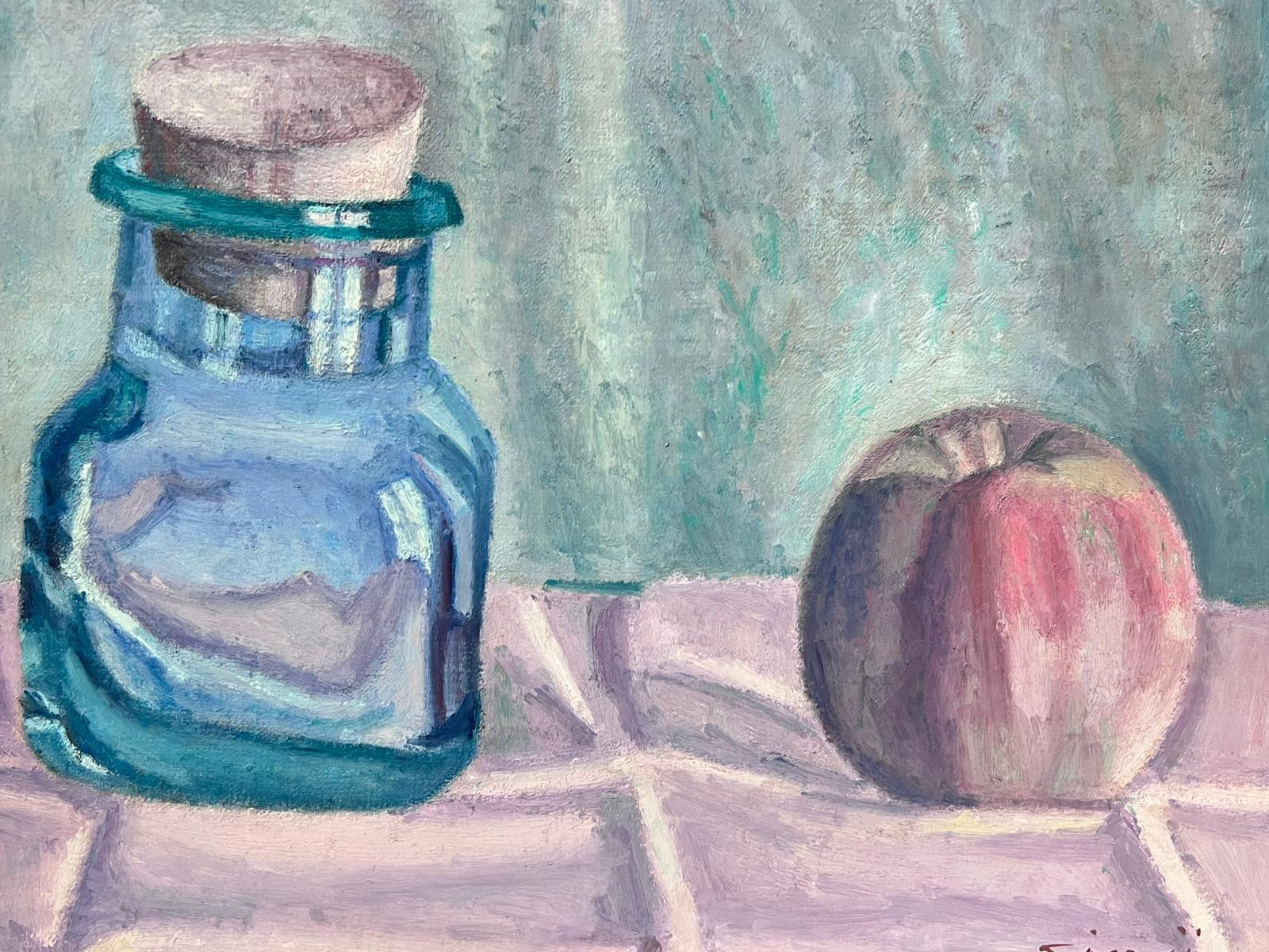 Nature morte à l'huile post-impressionniste signée, bocal en verre et pomme en vente 1