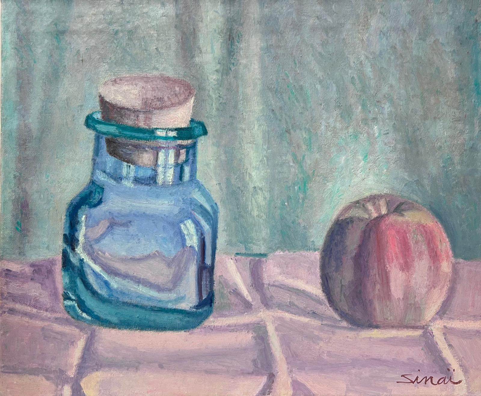 French School Still-Life Painting – Französisch Post-Impressionist signiert Öl Stillleben Malerei Glas Jar & Apfel