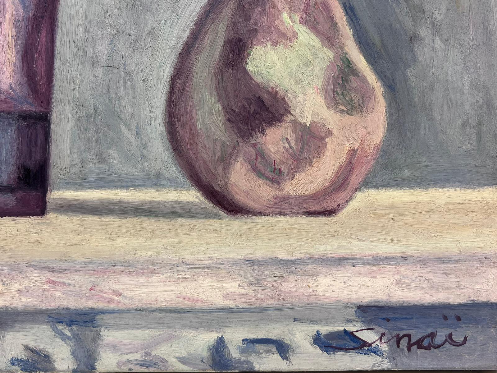 French Post-Impressionist Signed Oil Still Life Pear and Purple Glass Painting For Sale 1