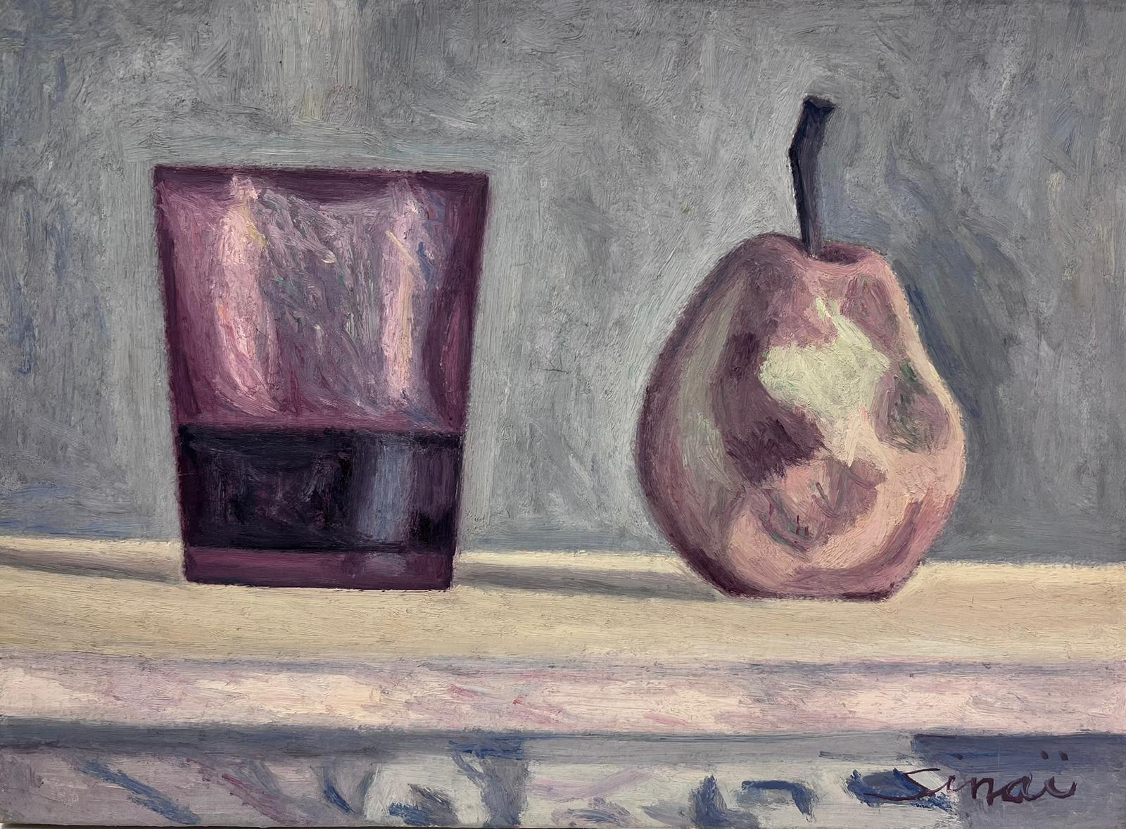 French School Still-Life Painting - French Post-Impressionist Signed Oil Still Life Pear and Purple Glass Painting