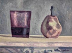 Vintage French Post-Impressionist Signed Oil Still Life Pear and Purple Glass Painting