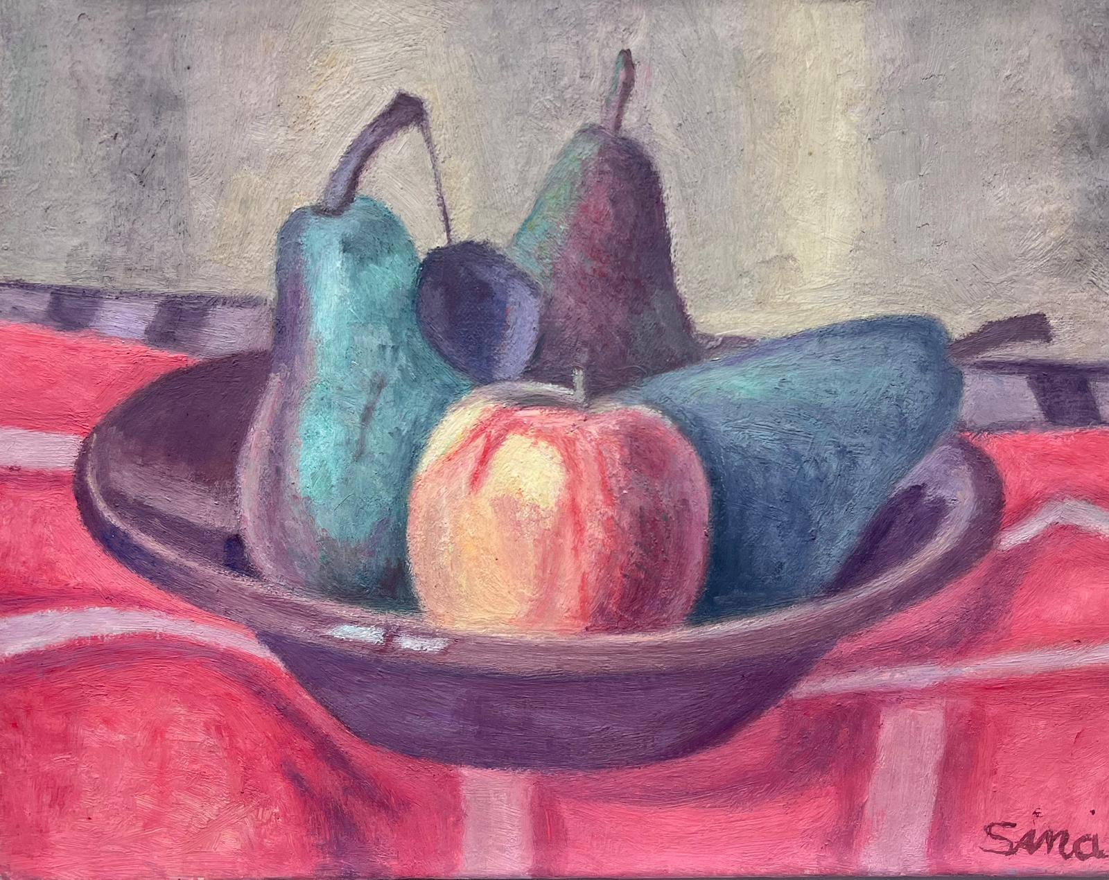 French School Still-Life Painting –  Französisches postimpressionistisches Stillleben in Schale mit Birnen- und Äpfeln, Obst
