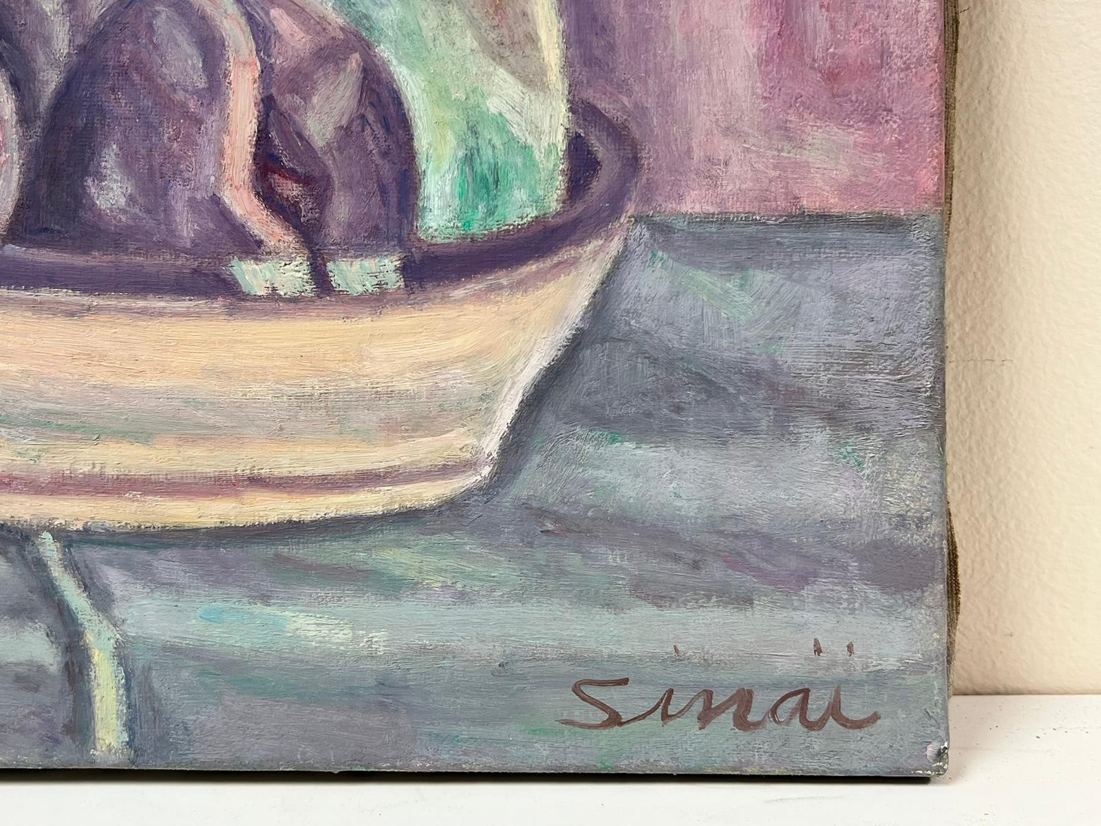 Fruit in Bowl French Modernist Signed Still Life Oil Painting Muted Colors For Sale 2