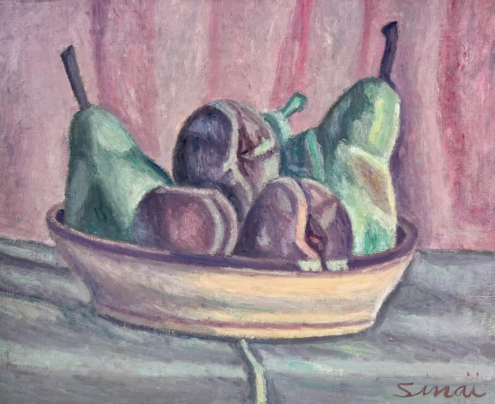 French School Interior Painting - Fruit in Bowl French Modernist Signed Still Life Oil Painting Muted Colors