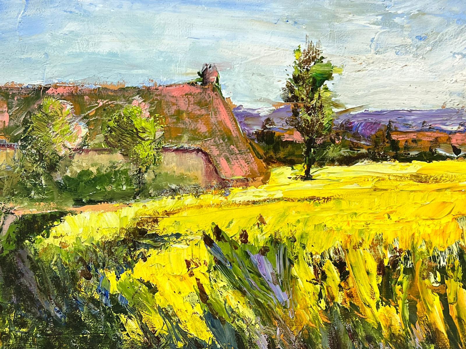 Golden Farm Fields French Post Impressionist Signed Oil Farmhouse in Landscape - Painting by French School