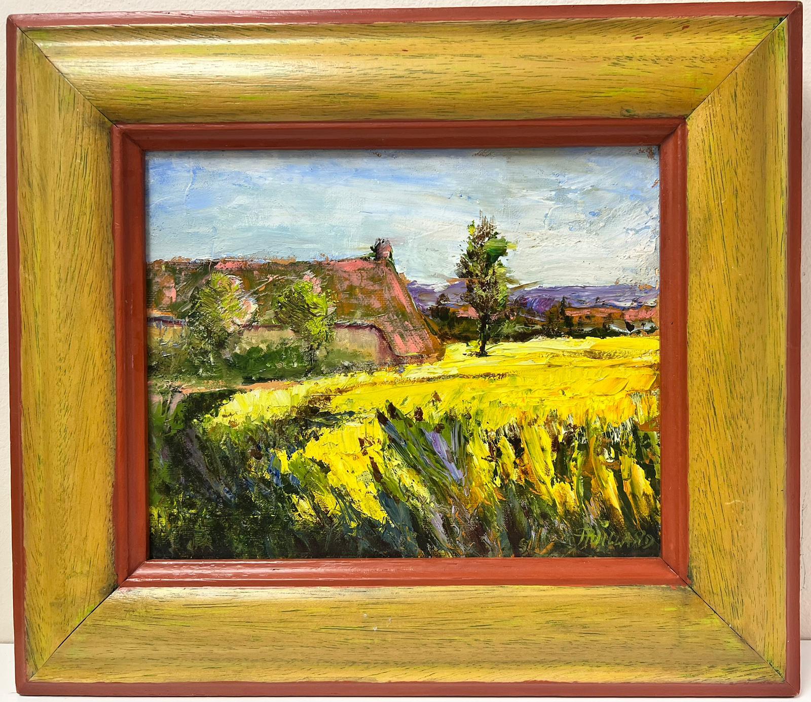 French School Landscape Painting - Golden Farm Fields French Post Impressionist Signed Oil Farmhouse in Landscape