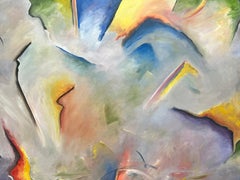 Huge 1970's French Abstract Oil Painting Yellow Green Blue Blur of Colors